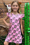 Horse printed on pink dress with side tassels. DRG25113374-JEAN
