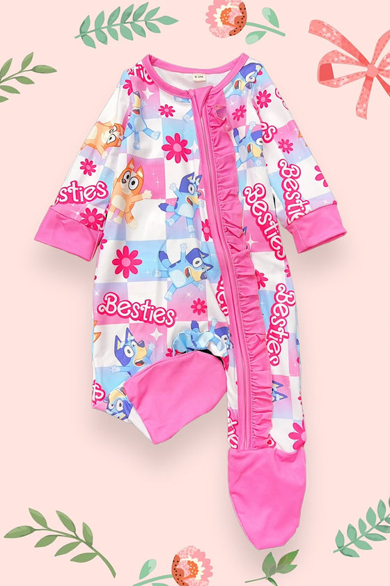 Checkered character printed baby onesie with ruffle. LR041201-LOI