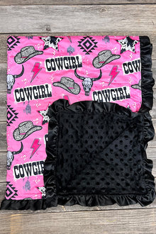  Cow girl printed baby blanket with black ruffle trim (35" by 35") BKG25113022