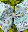 Kitty & daisy printed on mint 6.5" double layer hair bows. 4pcs/$10.00 BW-DSG-983