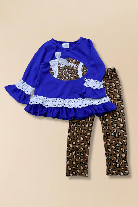 Football time" royal blue tunic & animal printed leggings. jean