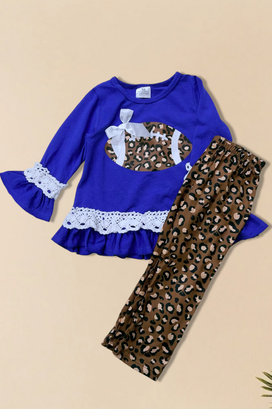 Football time" royal blue tunic & animal printed leggings. jean