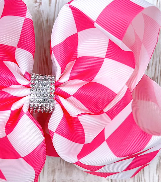 6.5" Fuchsia checkered double layer hair bows. BW-DSG-10D