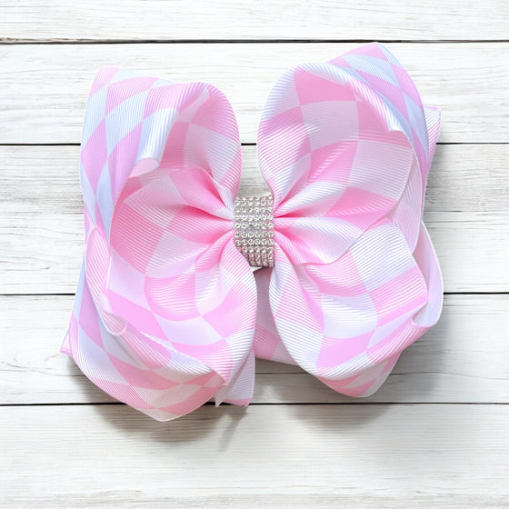 Lt.pink double layer hair bows w/ rhinestones and alligator clip. 4pcs/$10.00 BW-DSG-10K