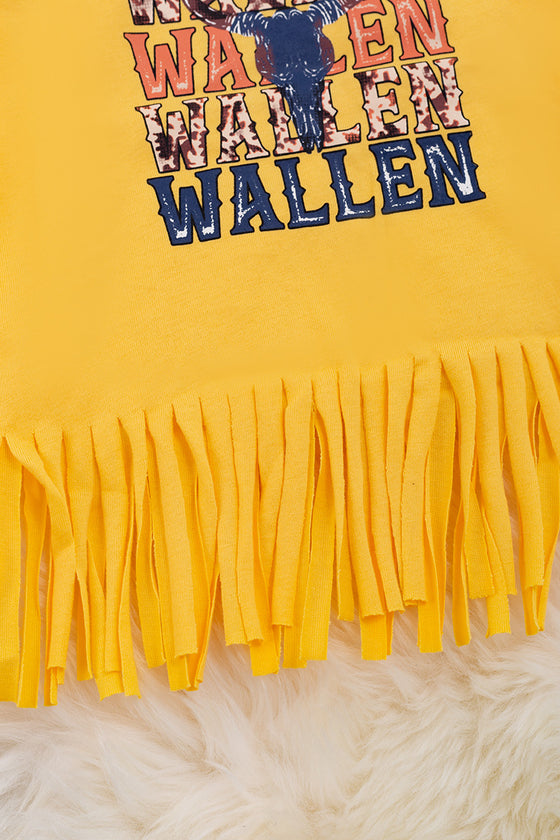 Wallen" Yellow graphic tee with fringe. TPG25154009 wendy