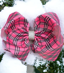  Hot pink plaid printed double layer hair bows w/ rhinestones. 4pcs/$10.00 bw-dsg-938