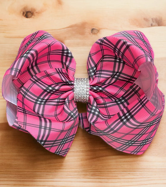 Hot pink plaid printed double layer hair bows w/ rhinestones. 4pcs/$10.00 bw-dsg-938