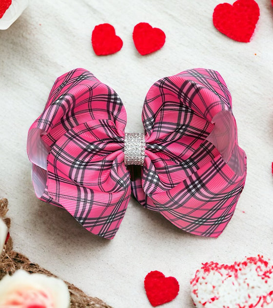 Hot pink plaid printed double layer hair bows w/ rhinestones. 4pcs/$10.00 bw-dsg-938