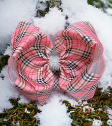  LT. pink plaid printed double layer hair bows w/ rhinestones. 4pcs/$10.00 bw-dsg-939