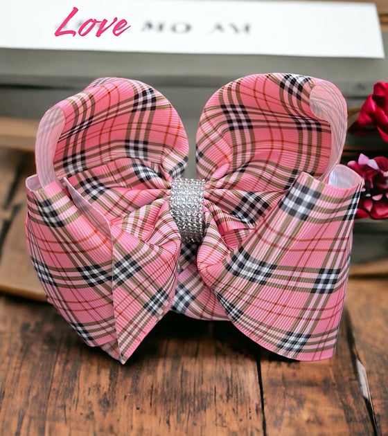 LT. pink plaid printed double layer hair bows w/ rhinestones. 4pcs/$10.00 bw-dsg-939