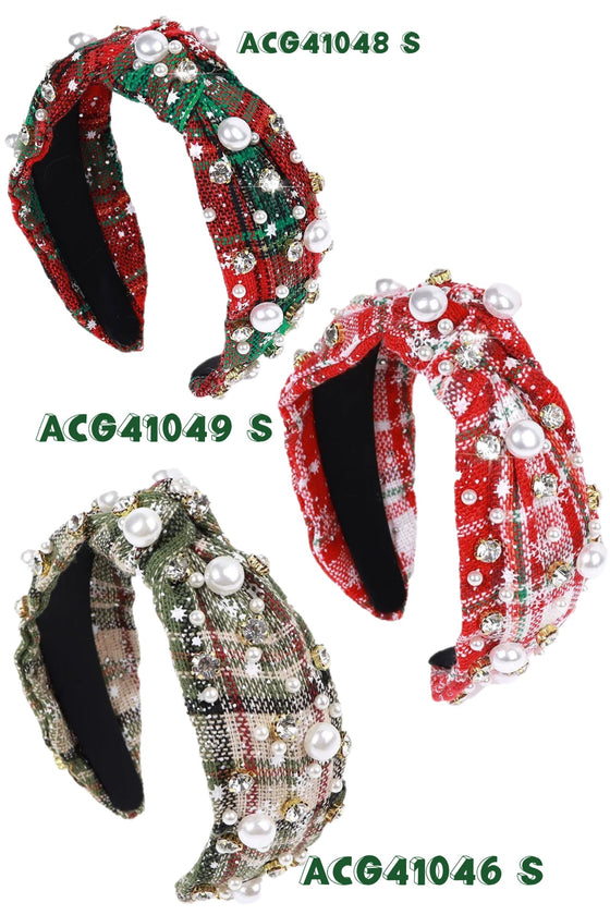 Christmas plaid pearls & stone headbands available in 3 prints. (3pcs/$12.75)