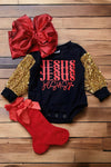 Jesus, Jesus,Jesus" printed on black baby onesie with golden sequins sleeves.RPG50133091 021Wen