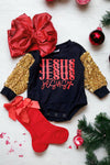 Jesus, Jesus,Jesus" printed on black baby onesie with golden sequins sleeves.RPG50133091 021Wen