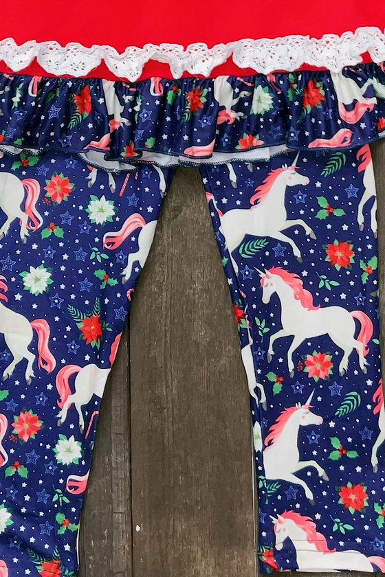 Unicorn on red tunic and navy leggings. CKTZ-012444WEN