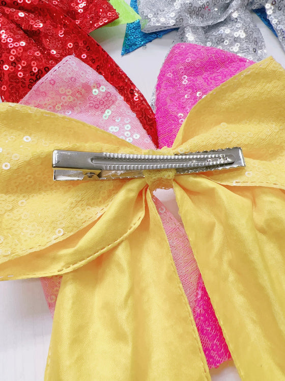 Sequins cheer hair bows w/alligator clip. (6pcs/$10.50) CHEERBOW-2023-B