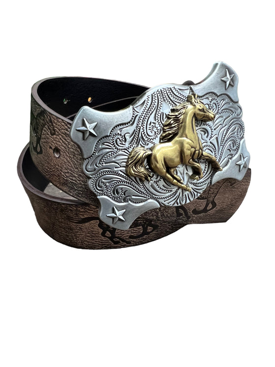 Golden Horse rider buckle & horse print. BLT-10322