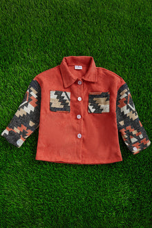  BURNT ORANGE CURDOROY SHACKET WITH AZTEC SLEEVES. TPG651522224-LOI