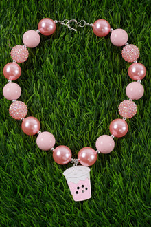  PINK BUBBLE GUM BEAD NECKLACE WITH BOBBA TEA PENDANT. (3PCS/$15.00) ACG25113024