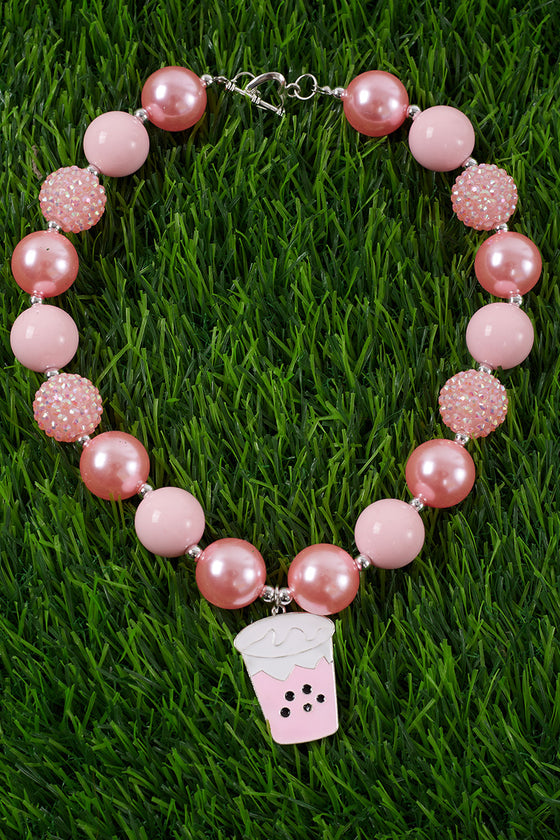 PINK BUBBLE GUM BEAD NECKLACE WITH BOBBA TEA PENDANT. (3PCS/$15.00) ACG25113024