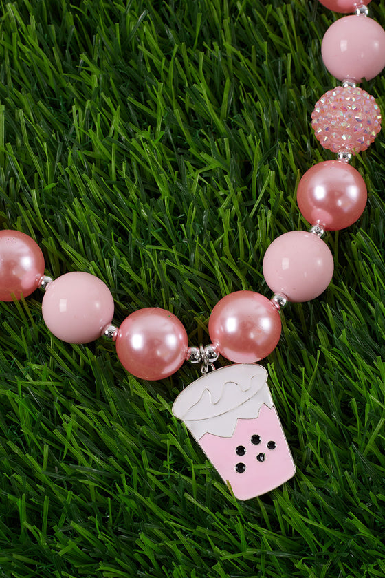 PINK BUBBLE GUM BEAD NECKLACE WITH BOBBA TEA PENDANT. (3PCS/$15.00) ACG25113024