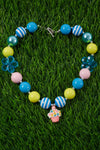 TURQUOISE, YELLOW & PINK BUBBLE GUM NECKLACE W/CUPCAKE PENDANT. (3PCS/$15.00) ACG25133015