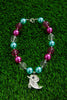 MAGENTA, AQUA & CLEAR BUBBLE NECKLACE WITH BOOT & HAT PENDANT. (3PCS/$12.00) ACG651522027