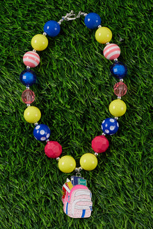  BACK TO SCHOOL BUBBLE GUM BEAD NECKLACE W/BACKPACK PENDANT . (3PCS/$15.00) ACG35153005