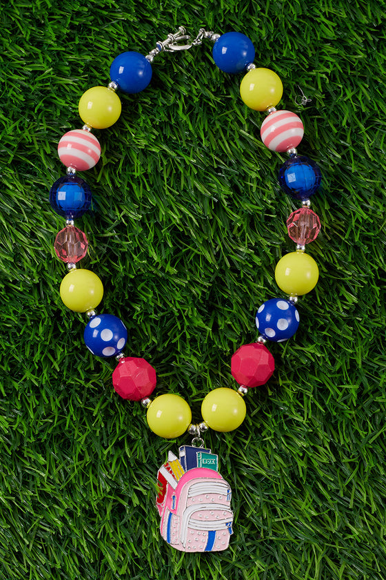 BACK TO SCHOOL BUBBLE GUM BEAD NECKLACE W/BACKPACK PENDANT . (3PCS/$15.00) ACG35153005