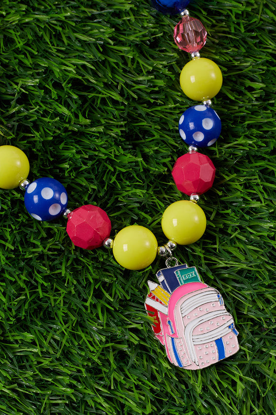 BACK TO SCHOOL BUBBLE GUM BEAD NECKLACE W/BACKPACK PENDANT . (3PCS/$15.00) ACG35153005