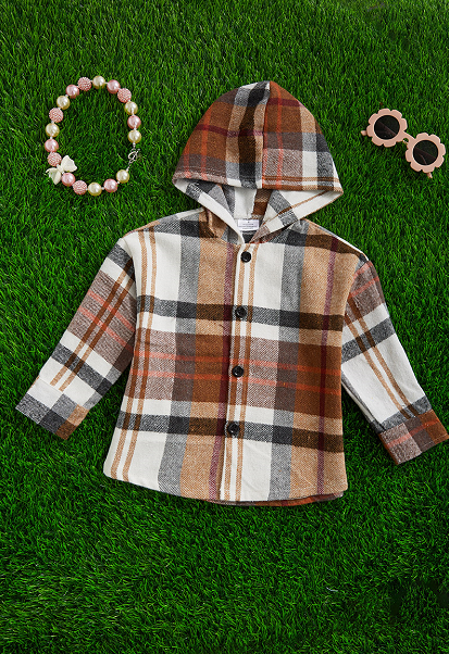 FROM BABY TO BIG KID, BROWN TONE/ PLAID HOODIE SHIRT. TPG651122260-SOL