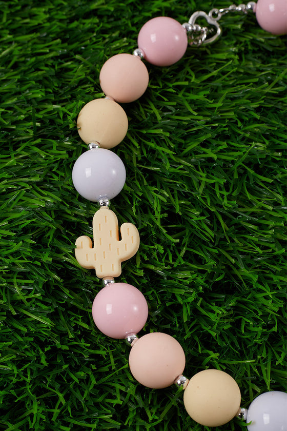 YELLOW & PINK BUBBLE GUM BEAD NECKLACE W/ CACTUS SIDE PENDANTS. 3PCS/$15.00 ACG15153016