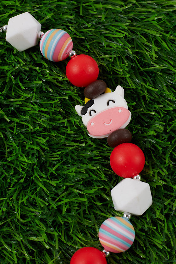 RAINBOW BEAD & RED BUBBLE GUM BEAD NECKLACE W/ COW SIDE PENDANT. 3PCS/$15.00 ACG15153011