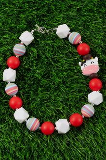  RAINBOW BEAD & RED BUBBLE GUM BEAD NECKLACE W/ COW SIDE PENDANT. 3PCS/$15.00 ACG15153011