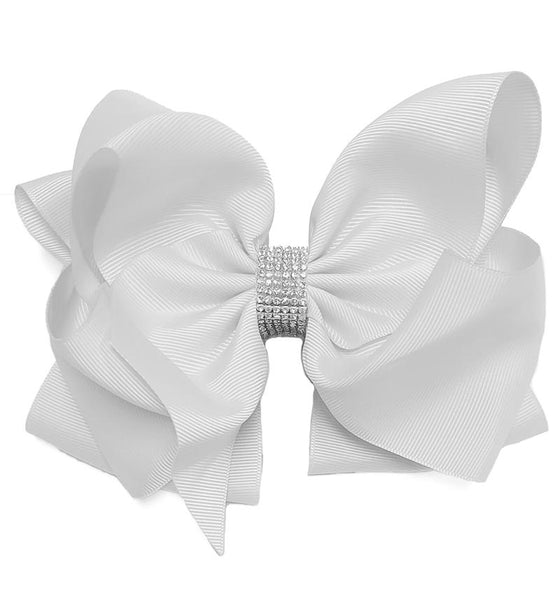 WHITE RHINESTONE BOW 6.5 " WIDE 5PCS/$10.00 BW-029-S