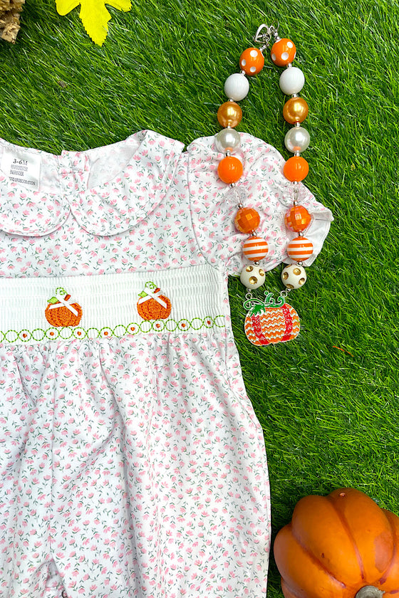 PINK FLORAL PRINT SMOCK BABY ROMPER WITH PUMPKIN EMBROIDERY. RPG401522010 SOL