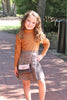 KHAKI TURTLE NECK WITH PUFFY SHOULDER TOP & PLEATED SKIRT. OFG651322039-AMY