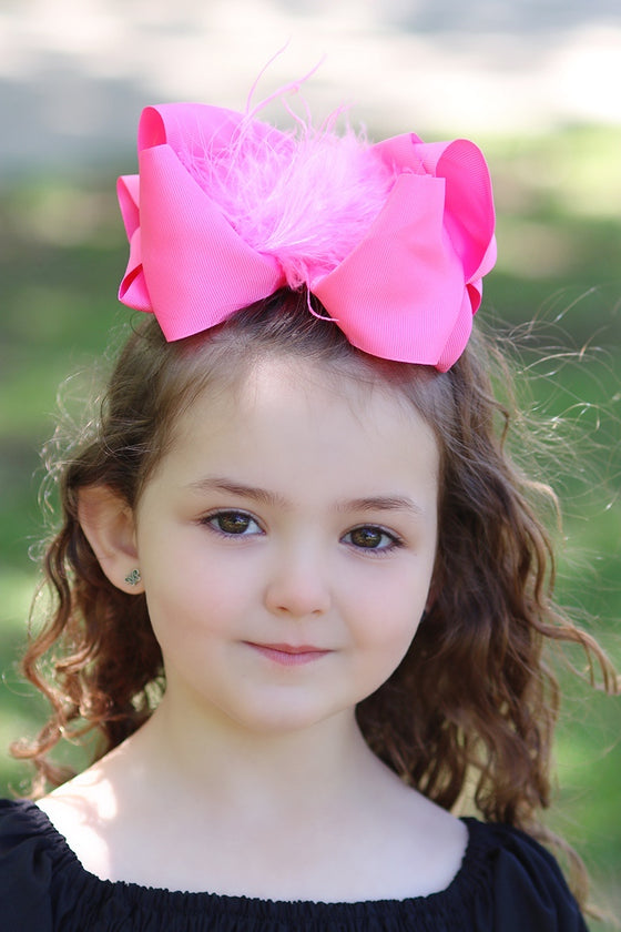 HOT PINK FEATHER BOW 4PCS/$10.00 7.5IN WIDE BW-156-F