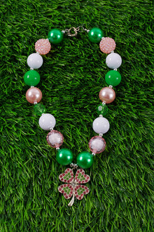  PINK,GREE & WHITE BUBBLE NECKLACE W/ RHINESTONE CLOVER PENDANT. 3PCS/$12.00 XL-01686