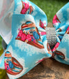 COWGIRL HAT PRINTED ON TURQUOISE DOUBLE LAYER HAIR BOWS WITH RHINESTONES. 7.5" WIDE 4PCS/$10.00 BW-DSG-786