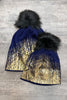 NAVY BLUE WITH GOLDEN METALLIC DETAIL & BLACK POM POM BEANIES. 10PCS/$16.00 JM-246840