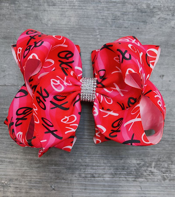 XO XO XO" VALENTINES XO PRINTED DOUBLE LAYER HAIR BOWS W/ RHINESTONES 7.5" WIDE 4PCS/$10.00 BW-DSG-787