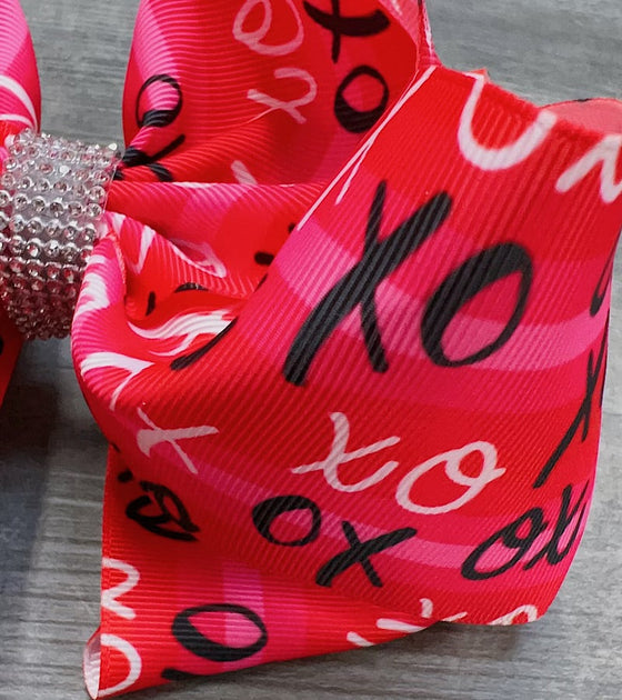 XO XO XO" VALENTINES XO PRINTED DOUBLE LAYER HAIR BOWS W/ RHINESTONES 7.5" WIDE 4PCS/$10.00 BW-DSG-787