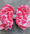 HEART/ VALENTINES PRINTED DOUBLE LAYER HAIR BOWS W/ RHINESTONES 7.5" WIDE 4PCS/$10.00 BW-DSG-788