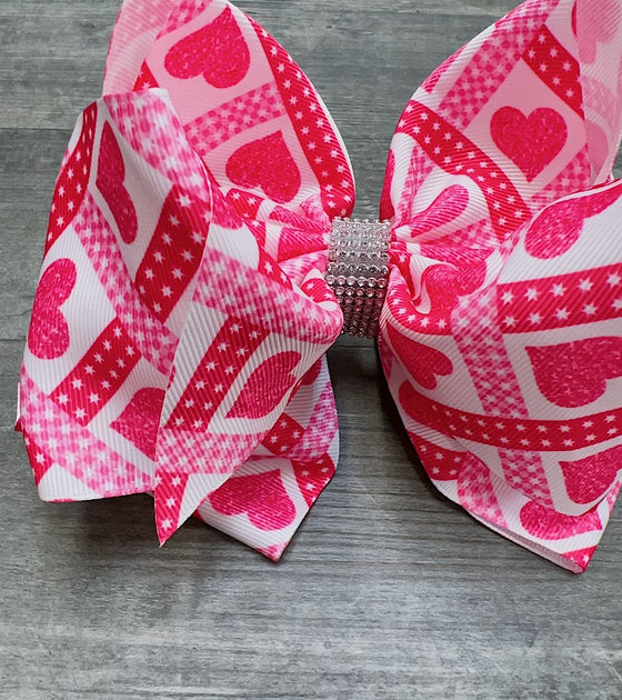 HEART/ VALENTINES PRINTED DOUBLE LAYER HAIR BOWS W/ RHINESTONES 7.5" WIDE 4PCS/$10.00 BW-DSG-788