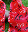 XO XO XO" VALENTINES XO PRINTED DOUBLE LAYER HAIR BOWS W/ RHINESTONES 7.5" WIDE 4PCS/$10.00 BW-DSG-787