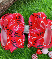  XO XO XO" VALENTINES XO PRINTED DOUBLE LAYER HAIR BOWS W/ RHINESTONES 7.5" WIDE 4PCS/$10.00 BW-DSG-787