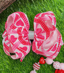  HEART/ VALENTINES PRINTED DOUBLE LAYER HAIR BOWS W/ RHINESTONES 7.5" WIDE 4PCS/$10.00 BW-DSG-788