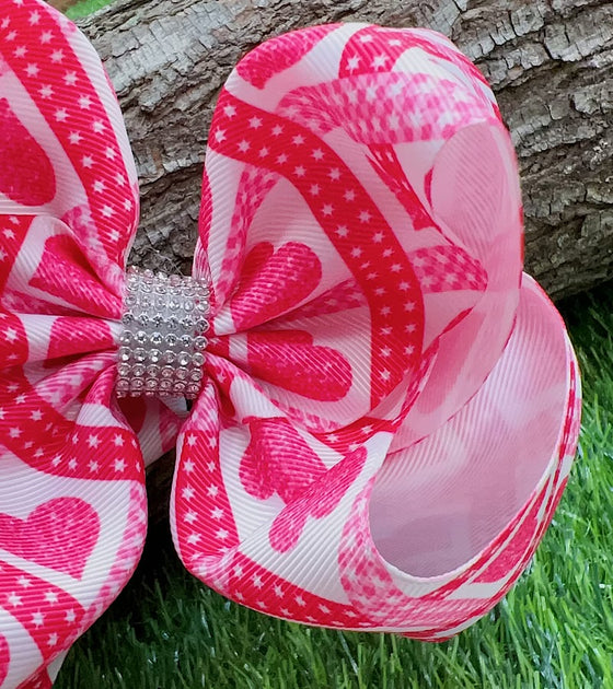 HEART/ VALENTINES PRINTED DOUBLE LAYER HAIR BOWS W/ RHINESTONES 7.5" WIDE 4PCS/$10.00 BW-DSG-788