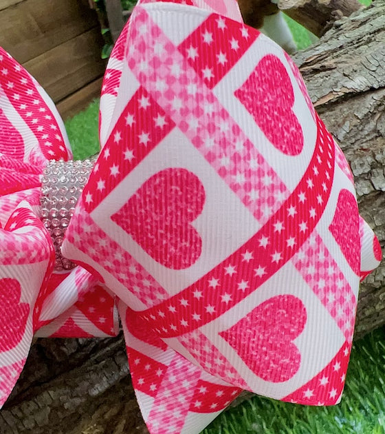 HEART/ VALENTINES PRINTED DOUBLE LAYER HAIR BOWS W/ RHINESTONES 7.5" WIDE 4PCS/$10.00 BW-DSG-788