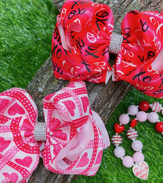 HEART/ VALENTINES PRINTED DOUBLE LAYER HAIR BOWS W/ RHINESTONES 7.5" WIDE 4PCS/$10.00 BW-DSG-788